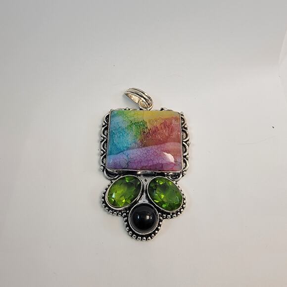 Handmade Rainbow Jasper & Peridot Pendant in Sterling Silver with Onyx Detail - Picture 1 of 10